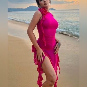 Pink Fairy Ruffles Tassel Mesh Midi Dress